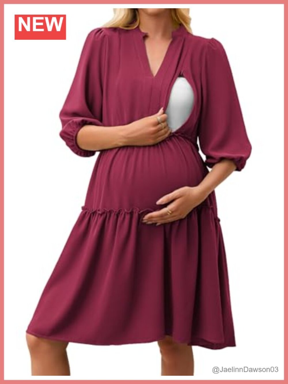 Maternity Nursing Dress Hidden Zipper Breastfeeding Pockets V-Neck 3/4 Sleeve